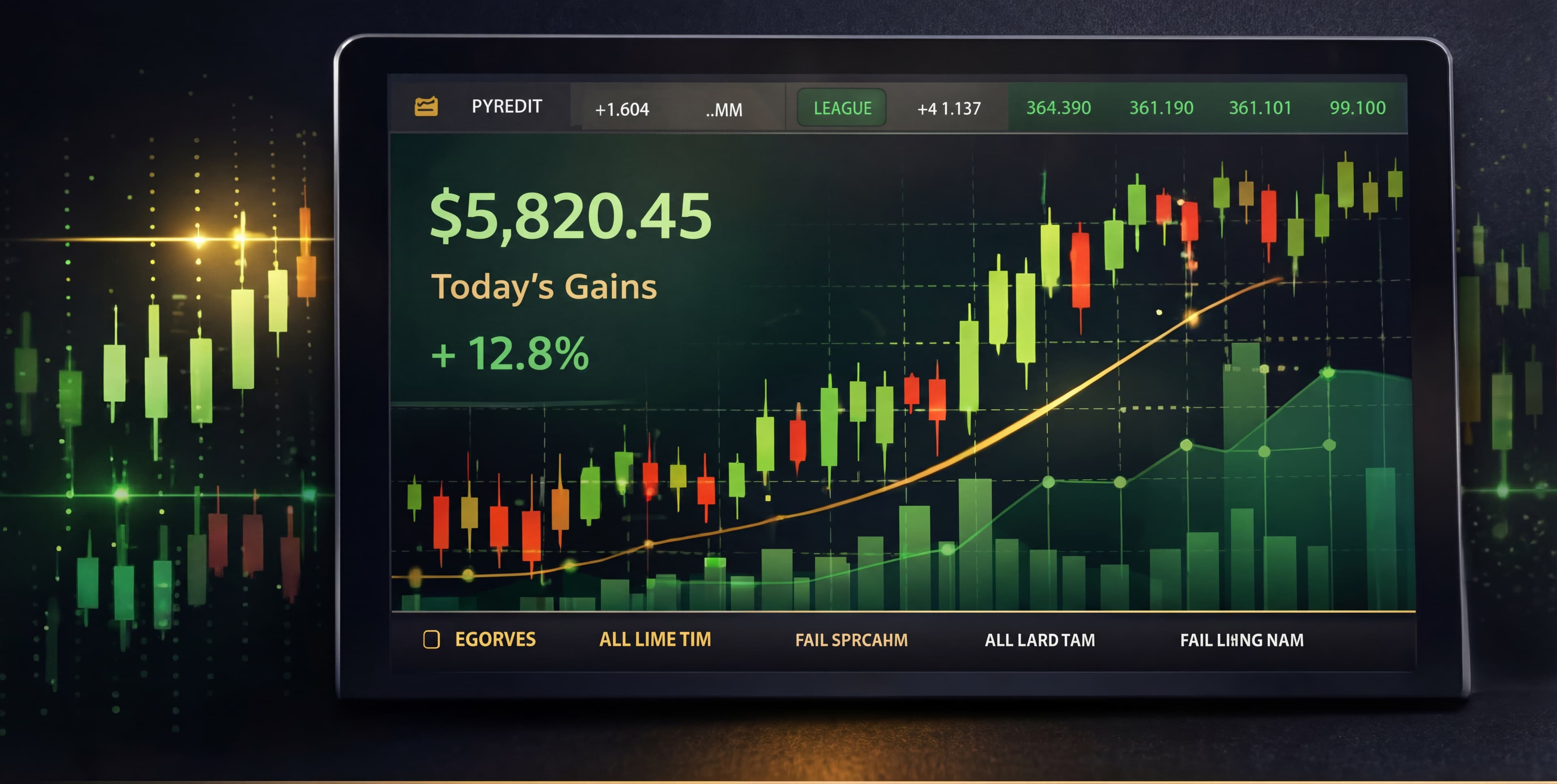 Trading dashboard showing $5,820.45 profit with +12.8% gains